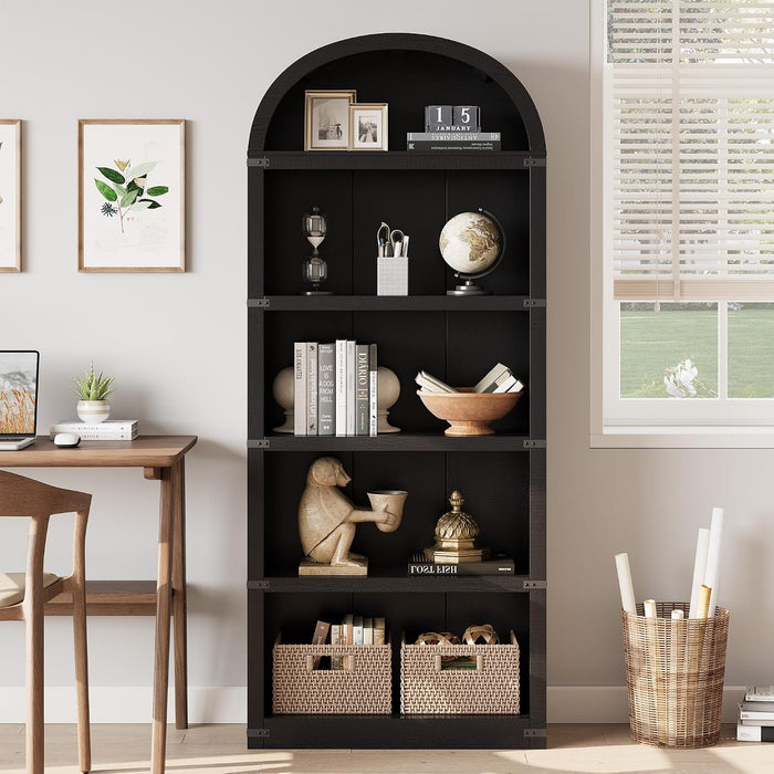 Bookcase 5 Shelf Arched Bookshelf 71.65 in Tall Bookcase Farmhouse Display Storage Rack Wooden Bookshelves for Home Office, Living Room