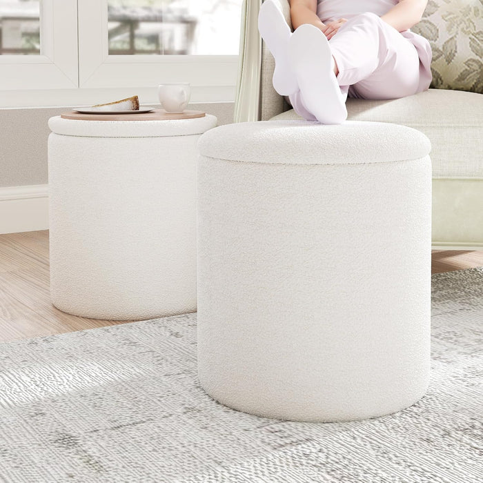 Ottoman Poufs with Storage,Soft Upholstered Vanity Stool,Multifunctional Ottomans Coffee Table Padded Seat Foot Rest for Living (White M)