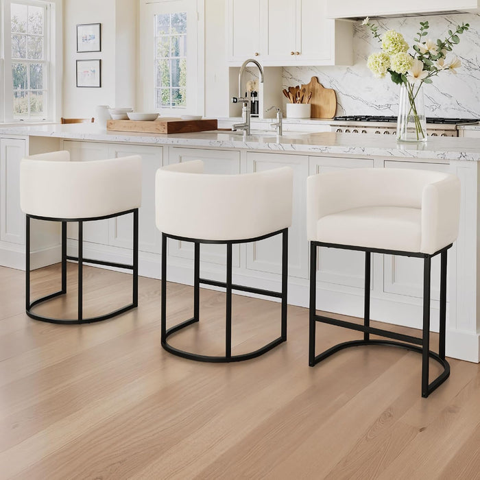 Counter Height Bar Stools Set of 3, Modern Barrel Counter Stools with Backrest and Arms, Black Metal Frames, Linen Fabric Upholstered Accent Barstools for Kitchen Island, Beige