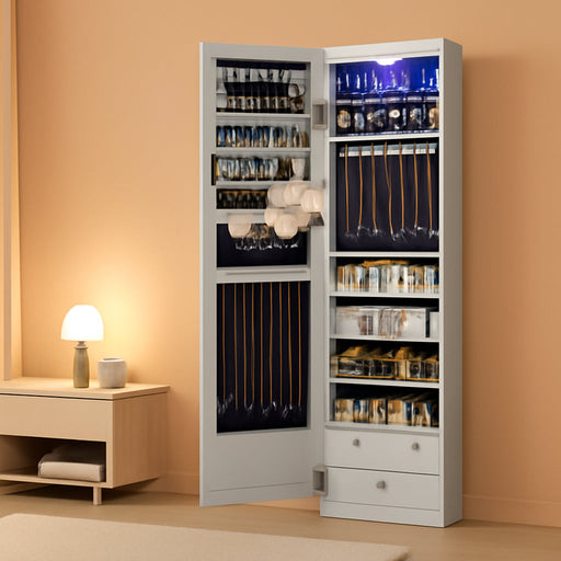 6 Leds Mirror Jewelry Cabinet, 47.2-Inch Tall Lockable Wall or Door Mounted Jewelry Armoire Organizer with Mirror, 2 Drawers, 3.9 X 14.6 X 47.2 Inches, Gray UJJC93GY