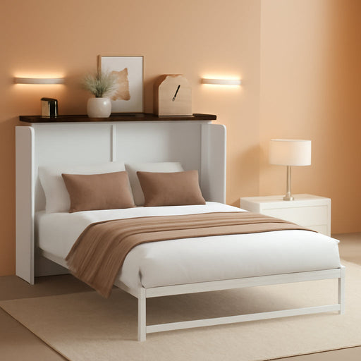 Full Size Murphy Bed W/Storage Drawer,Murphy Bed Cabinet W/ 2 USB Port & Power Outlets,Hidden Foldable Wall Bed Frame for Home Office,Apartment,Guest Room,White-Walnut