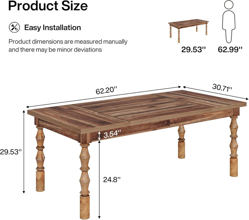SixtyTwoInch Farmhouse Dining Table Wood Rectangular Modern
