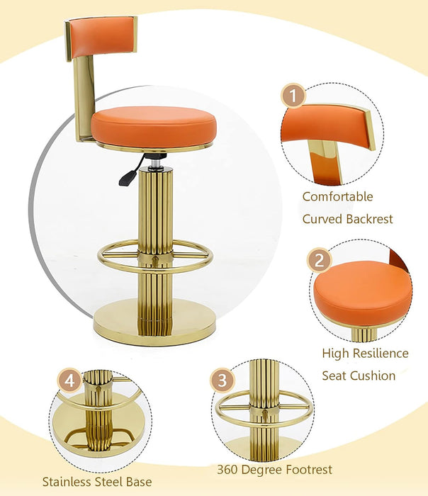 Counter Height Bar Stools with Back, Modern Adjustable Height Barstools Swivel Bar Chair with Polished Gold Stainless Steel Legs for Kitchen Island Counter Living Room Coffee Shop (Orange)