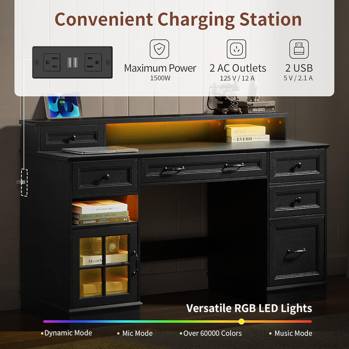 Farmhouse Executive Desk with Drawers Computer Desk with File Drawers, Power Outlet and Led Lights, Executive Office Desk with Storage Cabinet and Monitor Shelf for Home Office, Black