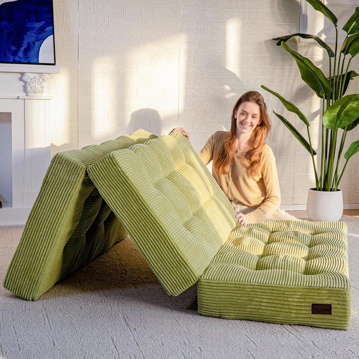 Tri-Fold Mattress, 6 Inch Tufted Folding Mattress Full Foam Bed, Foldable Floor Couch Guest Bed Topper Portable Camping Sleeper with Corded Fabric, Green, 53"X75"