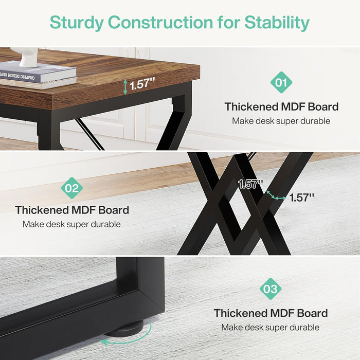 63" Large Industrial Executive Desk with Extra Thickened Tabletop & Metal Frame, Heavy-Duty 300 Lb Capacity Home Office Desk for Study Room, Dorm, Bedroom – Vintage Brown & Black