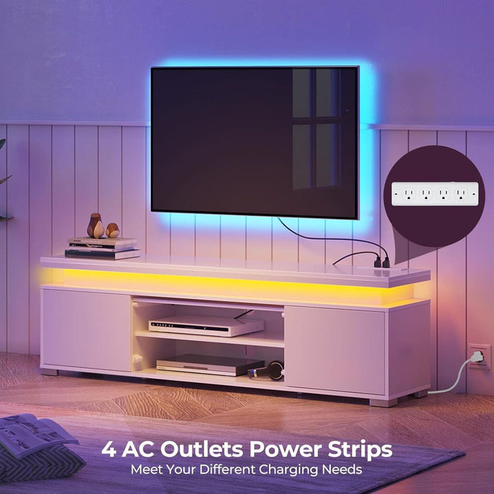 TV Stand with LED Lights & Power Outlet, Modern Entertainment Center for 32/43/50/55/65 Inchs Tvs, Table, Universal Gaming Media Stand Storage Cabinet and Large Storage, White
