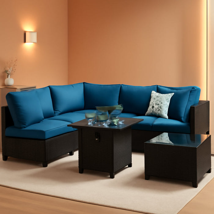 8-Piece Patio Set Furniture Rattan Wicker Outdoor Sectional Sofa with 28" Gas Fire Pit Set and Cushions, Conversation Set for Backyard, Patio, Garden, Brown/Peacock Blue