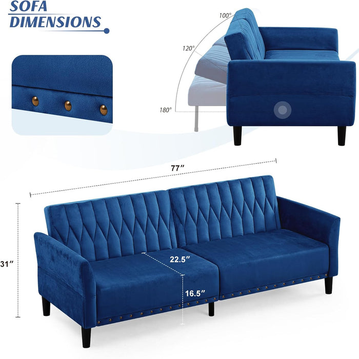 77Inch Velvet Convertible Sofa Bed Featuring Armrests