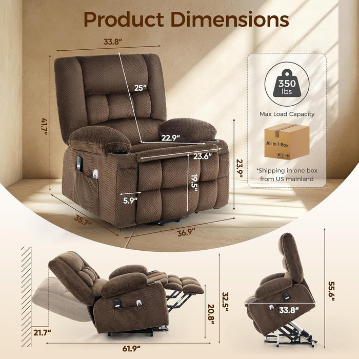 Power Lift Recliner Chair for Elderly, Electric Reclining Lift Chair with Massage and Heating, Comfy Overstuffed Recliner Single Sofa with Cup Holders, Pockets, USB Charge Port for Living Room, Brown