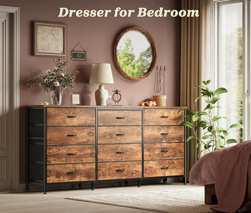 63 Inch Long Dresser for Bedroom, TV Stand for 65, 70 Inch TV, 12 Drawer Dresser for Closet, Chest of Drawers, Large Fabric Drawers for Bedroom, Media Console, Rustic Brown