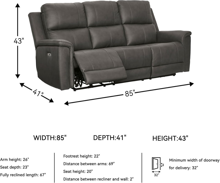 Signature Design by Ashley Burnley Contemporary Leather Match Power Reclining Sofa with Adjustable Headrest and USB Charging Port, Gray