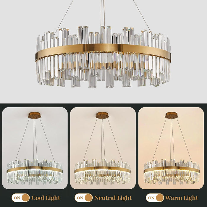 Gold Modern Crystal Led Chandelier,Round Drum Chandelier over Table | 23.6" Dimmable Led Golden Luxury Chandelier,K9 Crystals Height Adjustable Chandelier for Dining Room Living Room Bedroom