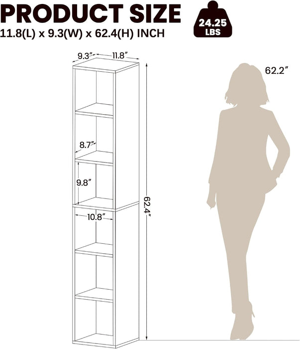 6 Cube Storage Organizer, 6 Tier Tall Skinny Bookshelf, Oak Cube Shelf | 62.4 X 11.8 X 9.3 Wood Narrow Bookcase for Home Office Bedroom Living Room, Anti-Tipping Device