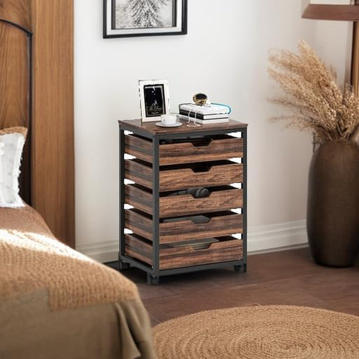 5 Drawer Chest, Wood Storage Dresser Cabinet with Wheels, Industrial Storage Drawer Organizer Cart for Office Bedroom Entryway (Rustic Brown, 1 PC)