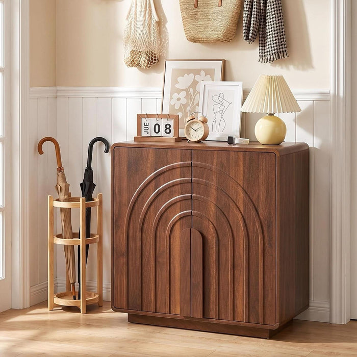 32" Sideboard Buffet Cabinet with Storage, Walnut Modern Cabinet with Arched Wood Door and Adjustable Shelf, Wooden Modular Kitchen Cabinet for Dining& Living Room, Entryway