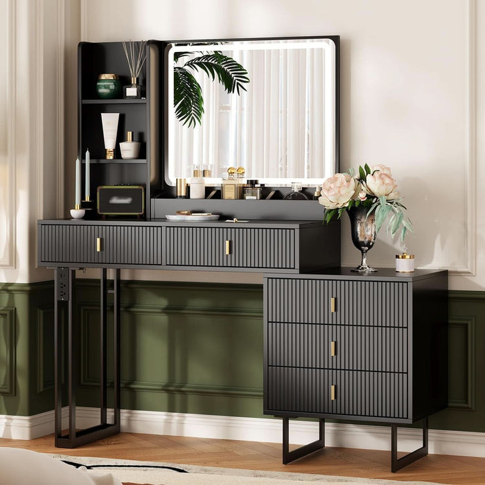 Large Vanity Desk with 3 Color Touch Screen Dimming Mirror, Vanity Desk with Charging Station, Modern Retractable Makeup Dressing Table, Makeup Table with Storage Shelves and 5 Sliding Drawers, Black