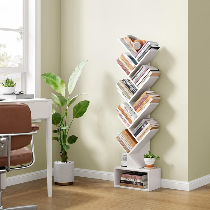 9 Tier Tree Bookshelf, Tall Bookcase with Drawer, Wood Book Shelf, Modern Floor Standing Bookshelves, Book Organizer Shelves for Bedroom, Living Room, Home Office, White