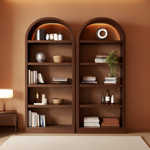 Farmhouse Bookshelf Set of 2, Freestanding Tall Bookcase with Two-Tone Finish & Fabric Arched Top, 5-Tier Open Storage Cabinet for Living Room, Home Office, Bedroom, Walnut