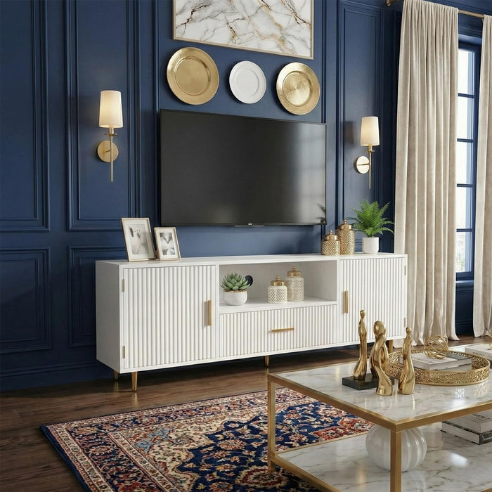 Modern Fluted TV Stand for 55/60/65 Inch TV, 57" Entertainment Center Media Console Table with Drawer & Storage Cabinets, Ribbed Design TV Cabinet Credenza for Living Room, White