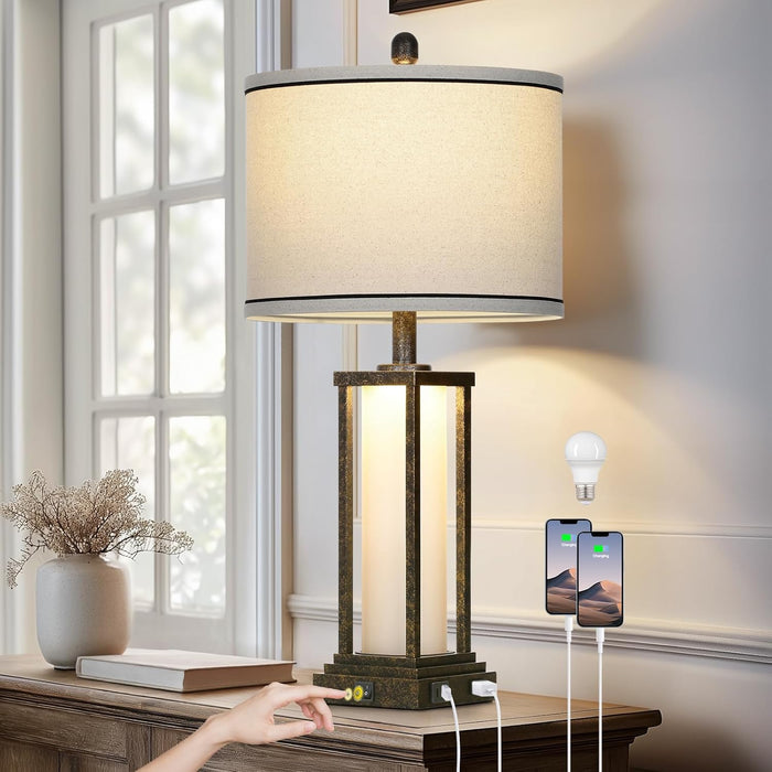 27Inch Tall Bedside Table Lamps with Charging Ports for Living Room,Traditional Lamp with Night Light for Bedroom Nightstand,Single Bronze