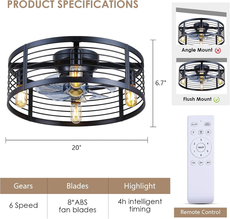 Caged Ceiling Fan with Light Flush Mount, 20 Inch Low Profile Black Fandelier with Remote, Bladeless Ceiling Fans with Lights for Bedroom Kitchen Dining Room (Bulb Not Included)