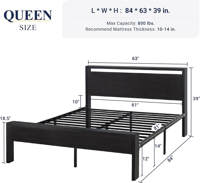Queen Size Platform Bed Frame with Wooden Headboard and Footboard, Heavy Duty 12 Metal Slats Support, No Box Spring Needed, Under-Bed Storage, Noise Free, Easy Assembly, Black Oak