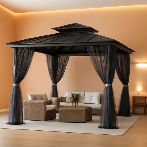 10X10 Hardtop Gazebo, Outdoor Patio Gazebo with Galvanized Steel Double Roof, Aluminum Frame Pavilion with Curtains and Netting, UPF 50 Metal Shelter for Backyard Deck Garden Lawn, Gray