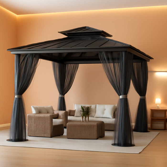 10X10 Hardtop Gazebo, Outdoor Patio Gazebo with Galvanized Steel Double Roof, Aluminum Frame Pavilion with Curtains and Netting, UPF 50 Metal Shelter for Backyard Deck Garden Lawn, Gray