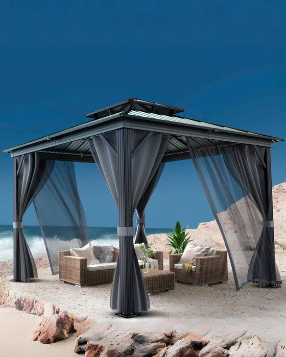 10'X10' Hardtop Gazebo with Curtains and Netting, Galvanized Aluminum Double Layer Iron Roof Weather Resistant, Spacious, Easy Assembly, Patio Gazebo for Patio, Garden and Lawn