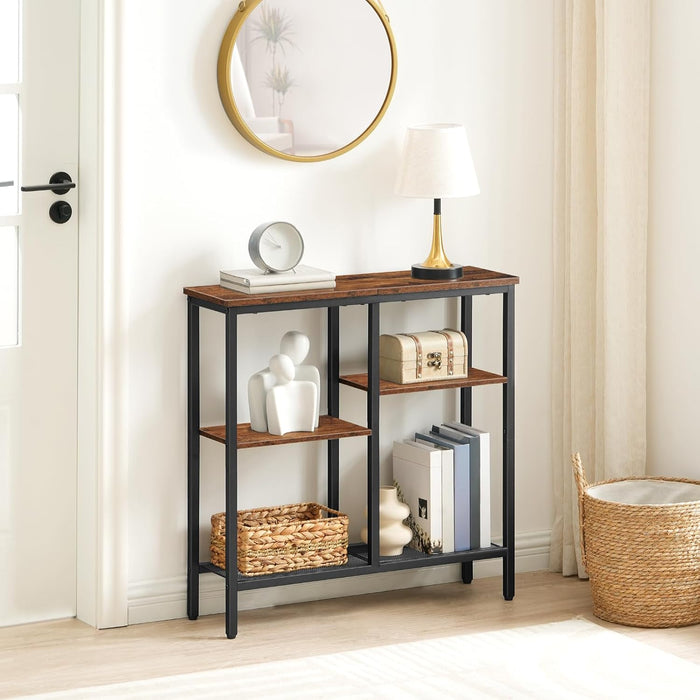 Narrow Console Table, Sofa Table, 4-Tier Industrial Entryway Table with Metal Mesh Shelf, Hallway Table with Adjustable Feet, for Entryway, Living Room, Hallway, Rustic Brown and Black BF79XG01