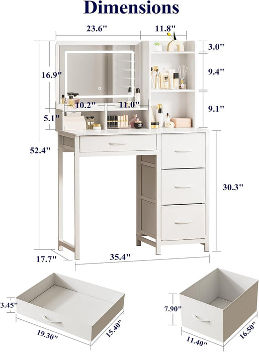 White Vanity Table With Illuminated Mirror Drawers