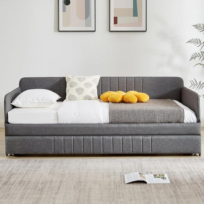 Twin Daybed with Trundle Bed Twin, Linen Upholstered Day Bed with Arm and Backrest, No Box Spring Needed Daybed, Twin Size Day Bed Gray