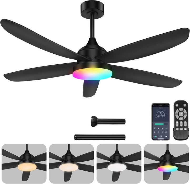 Ceiling Fan with Light, Remote & APP Control, 42" Black RGB Ceiling Fans with 6 Reversible Speeds, 3000-6500K Stepless Dimming, Modern Small Low Profile Ceiling Fan for Bedroom/Indoor/Outdoor