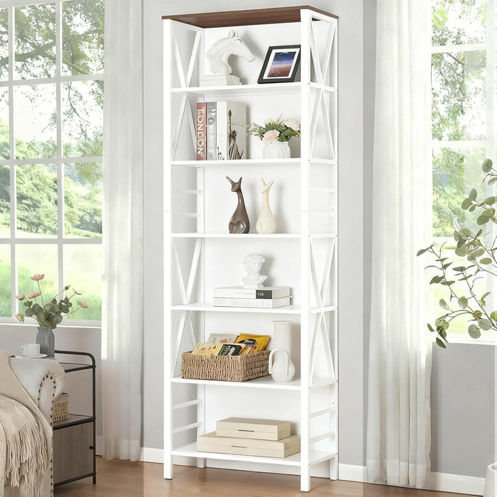 Bookshelf, 7-Tier Bookshelf, Rustic Wood Metal Bookshelves and Bookcases, Freestanding Open Bookshelf, Industrial Tall Bookcase for Home Office, Living Room and Bedroom, White
