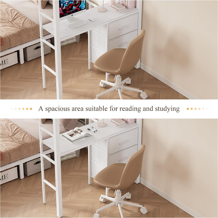Twin Over Twin White Bunk Bed LShapedDeskWithChargingAndStorage