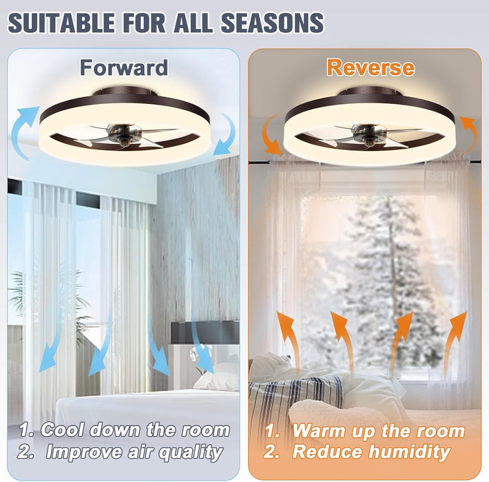 Low Profile Ceiling Fans with Lights and Remote, 19.7In Fandelier Ceiling Fan Flush Mount, 3000K-6500K Smart Bladeless LED Fan Light, Brown Modern Ceiling Fans with Lights for Bedroom