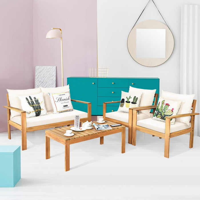 Outdoor 4-Piece Acacia Wood Chat Set, 4 Seater Acacia Wood Conversation Sofa and Table Set with Water Resistant Cushions, Teak Finished (1, White)