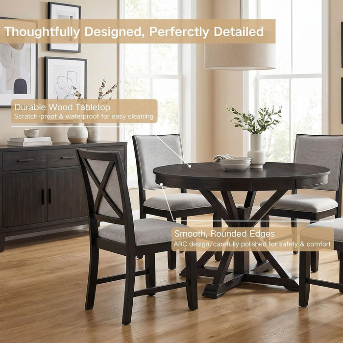 42"-54" Extendable Dining Table for 4-6 People Farmhouse Round/Oval Dining Room Table Solid Wood Kitchen Table with Cross Base, Only Table (Dark Brown)