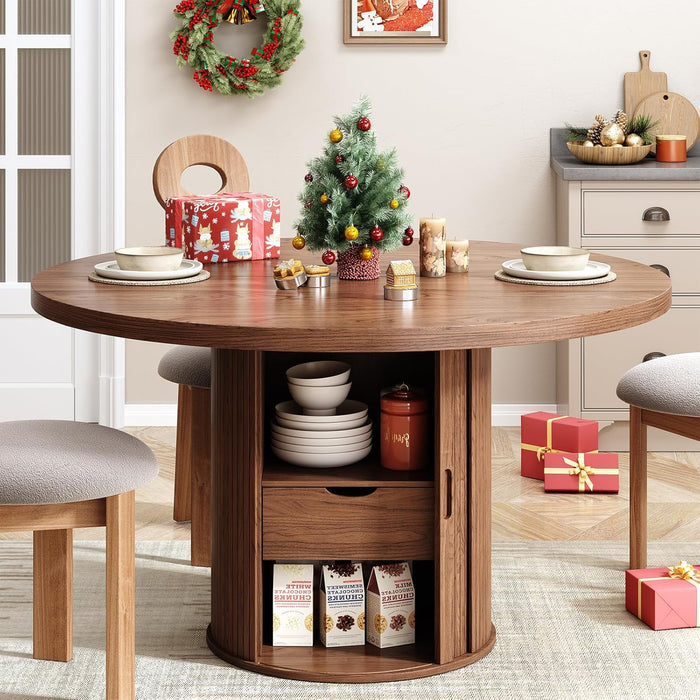 47 Inch round Dining Table for 4, Circle Kitchen Table with 2-Layer Storage Shelf and a Drawer, Modern Farmhouse Dinner Tables with Sliding Door and Wood Strip Base for Kitchen, Living Room (Walnut)