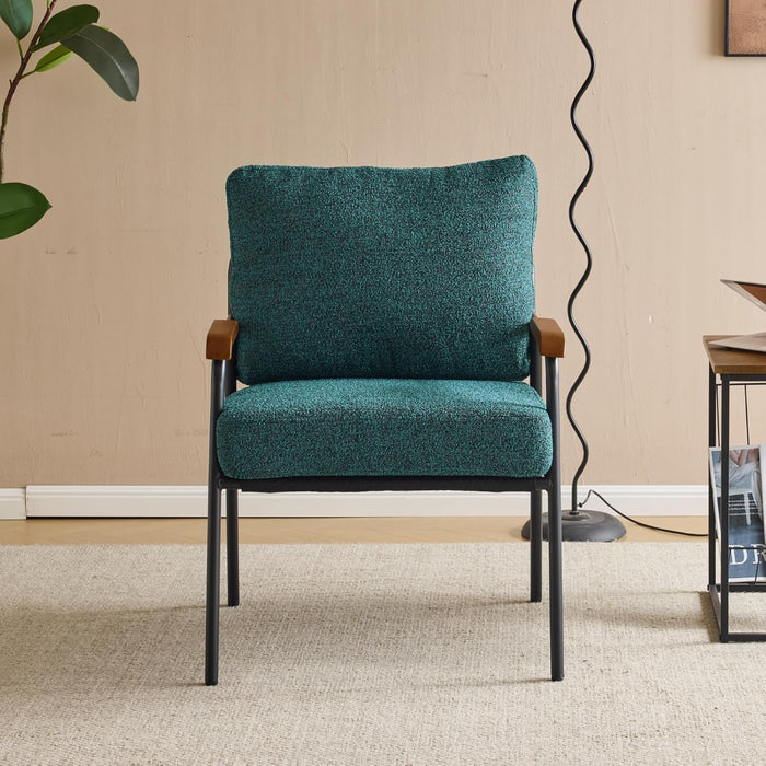 Accent Chair Modern Armchair with Metal Frame Linen Fabric Upholstory Living Room Chair Mid-Century Reading Chair with Wooden Arms for Living Room, Bedroom, Reading Room, Apartment, Green