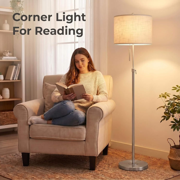 Brushed Nickel Floor Lamps for Living Room, 55"-67" Height Adjustable Modern Tall Lamp, 3-Way Dimmable Standing Lamp for Bedroom Office Reading Corner Home Decor, New House Warming Gifts