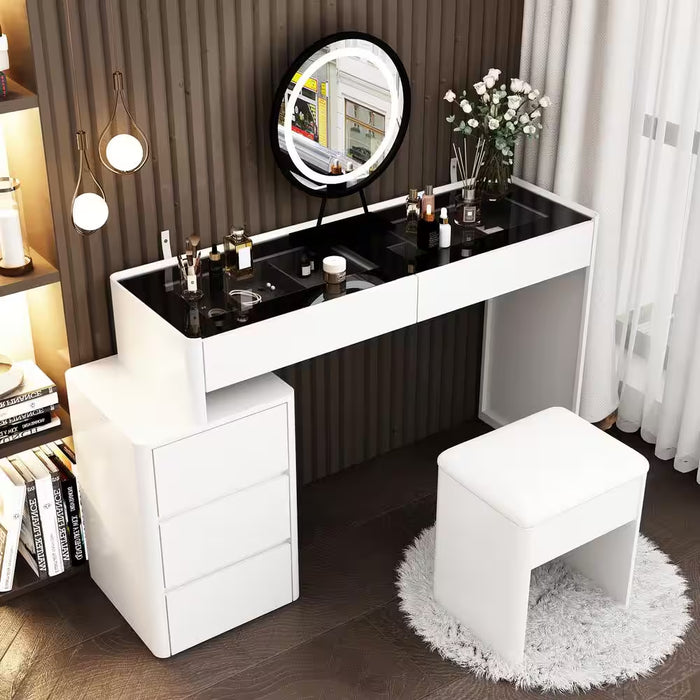 White Wood Makeup Vanity Sets Wood Dressing Desk with 5-Drawers, See-Through Glass Top Table, LED Light Mirror and Stool