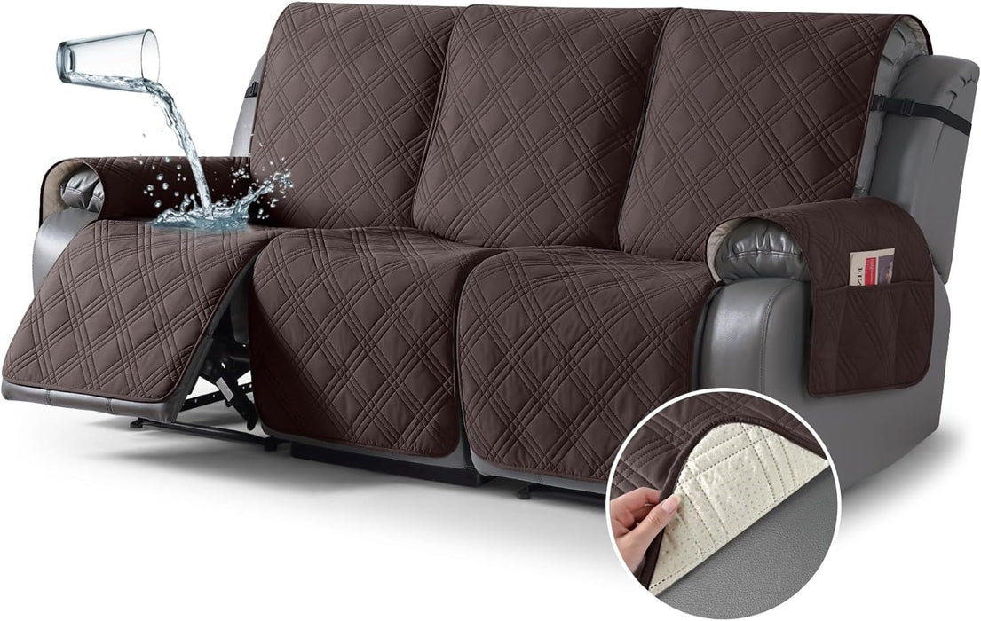 100% Waterproof Recliner Sofa Cover Non Slip Couch Cover for 3 Seat Reclining Sofa, Split Reclining Couch Covers 3-Piece with Straps, Washable Sofa Slipcover for Kids Pets(3 Seater, Chocolate)