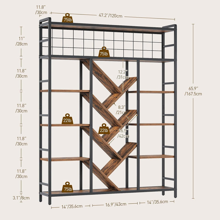 Triple 6-Tier Bookshelf, Industrial Large Bookcase with 18 Open Display Shelves, Modern Tree Bookcase with Metal Frame and Hanging Function for Living Room, Home Office, Rustic Brown and Black