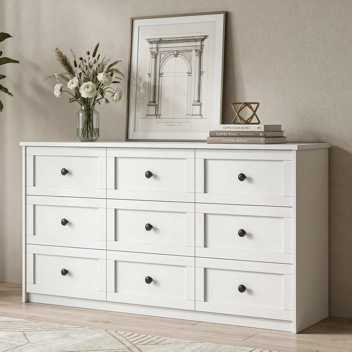 59" Wide White 9 Drawer Dresser for Bedroom with Black Metal Handle