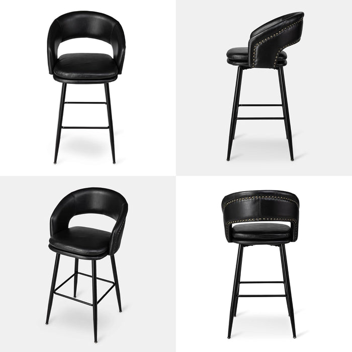 Bar Stools Set of 4, 30" H Upholstered Black Leatherette Barstools with Nailhead Trim, Modern Mid-Century Bar Height Bar Chairs with Metal Tapered Legs for Kitchen Island, Bistro