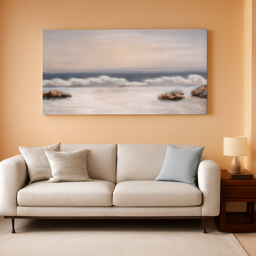 Coastal Seascape Canvas Wall Art, Neutral Blue Grey Ocean Waves Wrapped Canvas Print, Large Horizontal Wall Decor for Living Room above Sofa, Ready to Hang, 48 X 24 Inch
