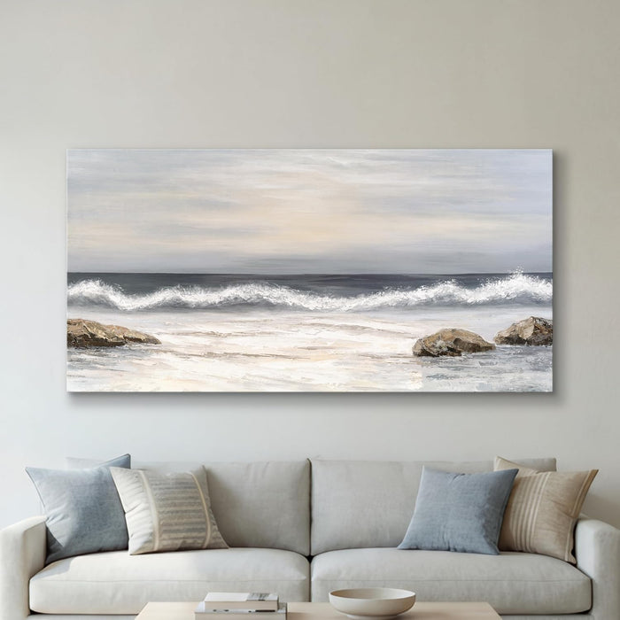 Coastal Seascape Canvas Wall Art, Neutral Blue Grey Ocean Waves Wrapped Canvas Print, Large Horizontal Wall Decor for Living Room above Sofa, Ready to Hang, 48 X 24 Inch