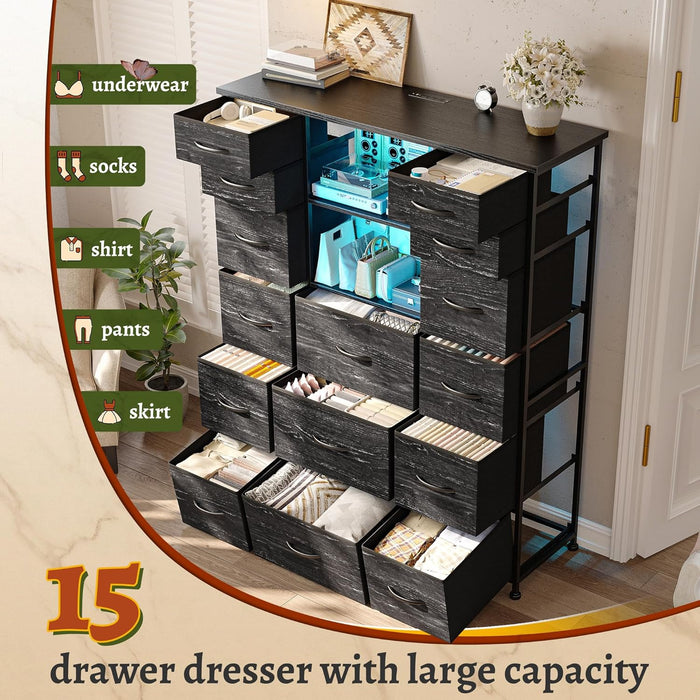 51" H Dresser with 15 Drawers Dresser for Bedroom with Charging Station & LED Lights & Hutch Sturdy Black Bedroom Dressers, Steel Frame, Wood Top, 51.2" H X 39.3" W X 11.8" D